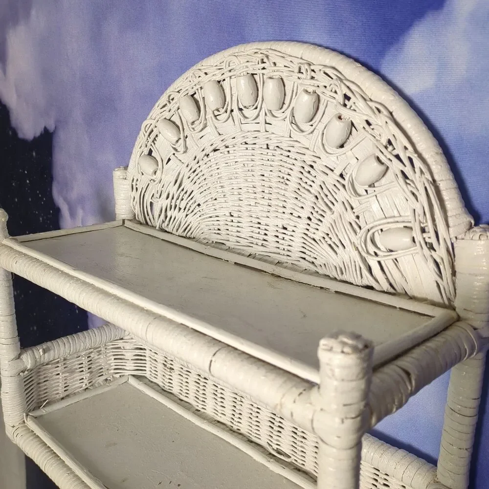 Vintage White Wicker Rattan Hanging Wall Shelf Boho Cottagecore Peacock Style